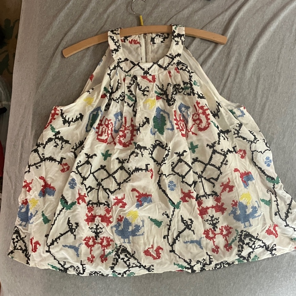 Anthropologie White Blouse with Multicolor Embroidery